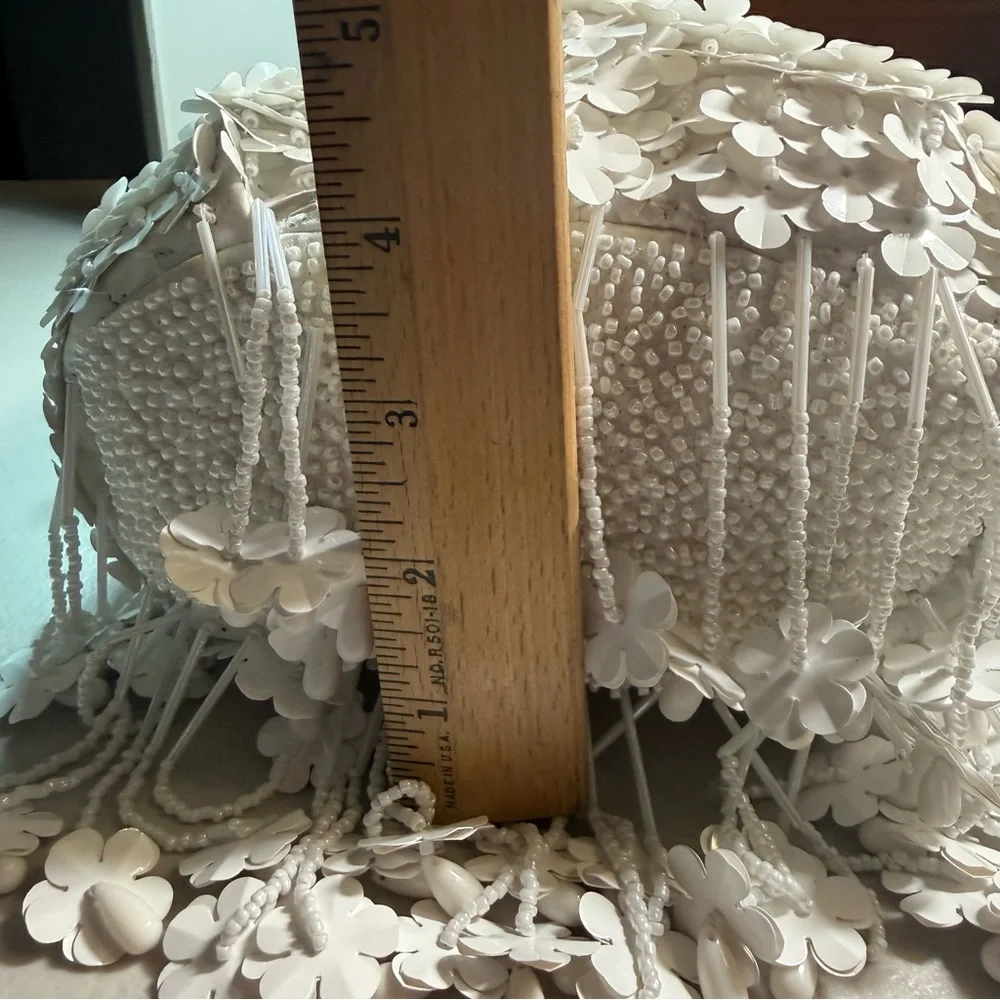 Bridal beaded floral fringe bag white coquette wedding reception purse